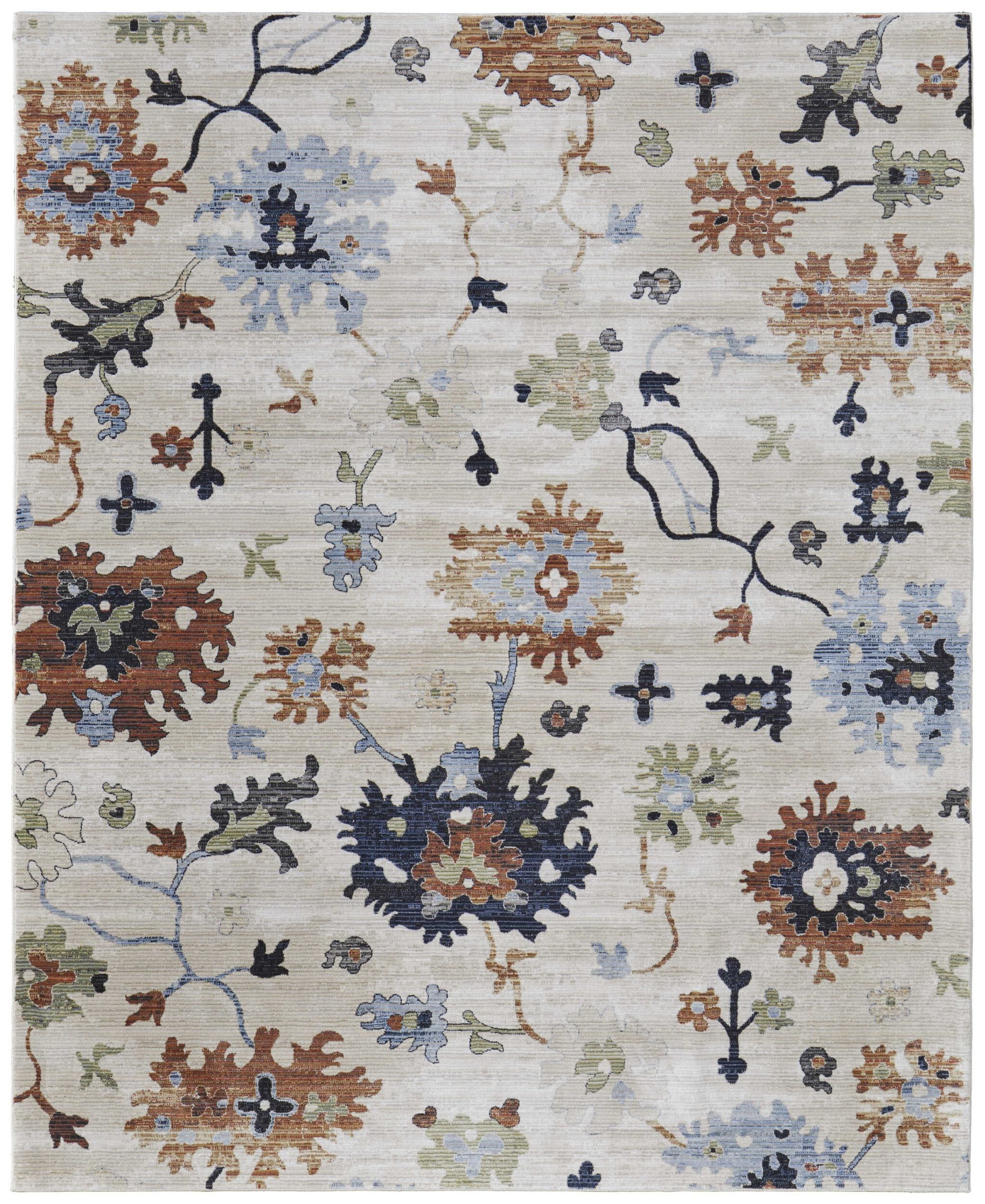 7' X 10' Ivory Red and Blue Floral Power Loom Area Rug