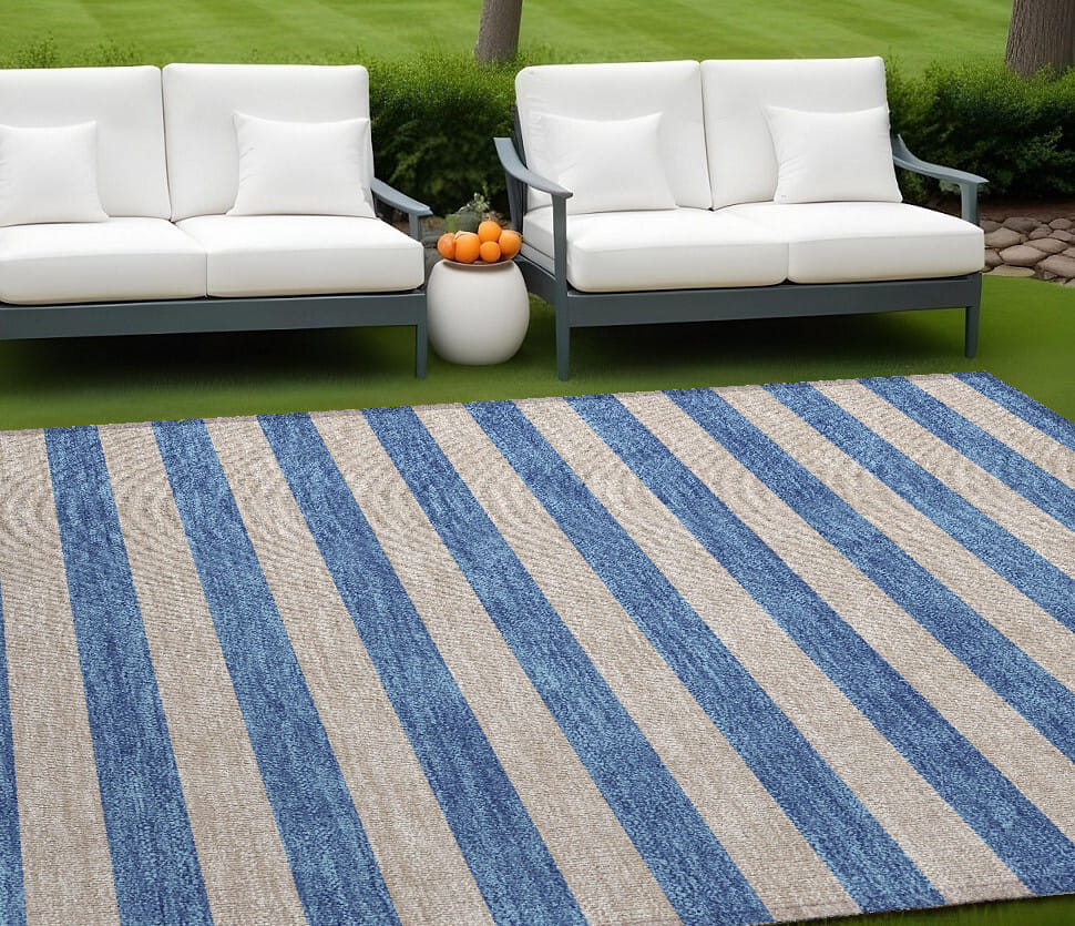10' X 14' Tan Striped Washable Non Skid Indoor Outdoor Area Rug