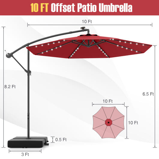 10 Ft Patio Umbrella Offset Cantilever Umbrella with 40 Solar Powered Lights-Red - Color: Red