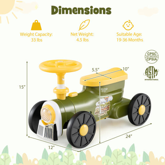 Ride on Toy with Steering Wheel and Train Whistle Sound Button-Green - Color: Green