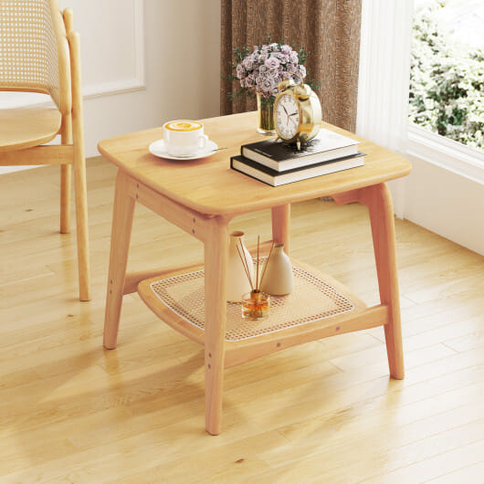 Boho Bamboo Sofa Side Table with Faux Rattan Storage Shelf-Natural - Color: Natural