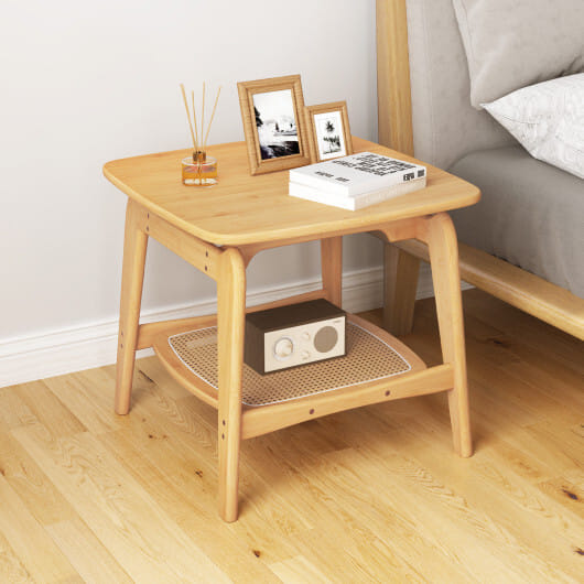 Boho Bamboo Sofa Side Table with Faux Rattan Storage Shelf-Natural - Color: Natural