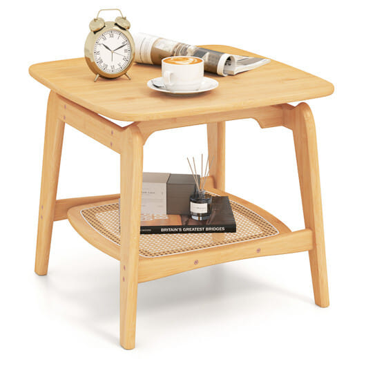 Boho Bamboo Sofa Side Table with Faux Rattan Storage Shelf-Natural - Color: Natural