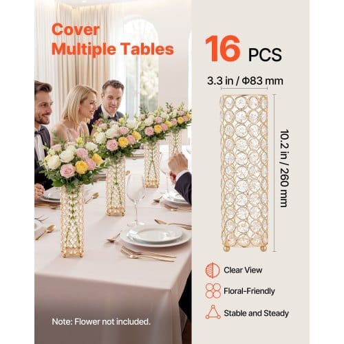 16 PCS Crystal Wedding Flower Vase, 10.24 in Tall Flower Table Centerpieces, Crystal Cylinder Banquet Vases Easy Installation, Versatile Arrangement Stand for Party Events Room Home Decor, Gold