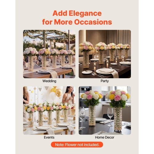 16 PCS Crystal Wedding Flower Vase, 10.24 in Tall Flower Table Centerpieces, Crystal Cylinder Banquet Vases Easy Installation, Versatile Arrangement Stand for Party Events Room Home Decor, Gold