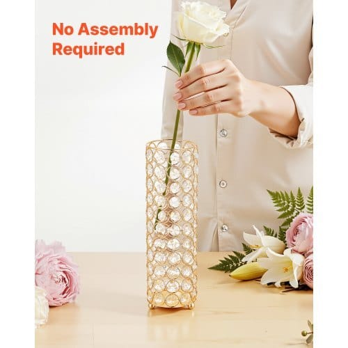 16 PCS Crystal Wedding Flower Vase, 10.24 in Tall Flower Table Centerpieces, Crystal Cylinder Banquet Vases Easy Installation, Versatile Arrangement Stand for Party Events Room Home Decor, Gold