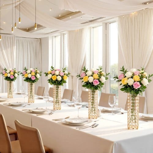 16 PCS Crystal Wedding Flower Vase, 10.24 in Tall Flower Table Centerpieces, Crystal Cylinder Banquet Vases Easy Installation, Versatile Arrangement Stand for Party Events Room Home Decor, Gold