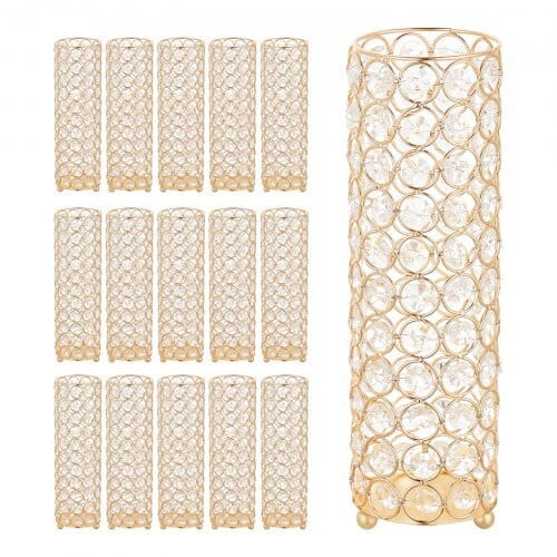 16 PCS Crystal Wedding Flower Vase, 10.24 in Tall Flower Table Centerpieces, Crystal Cylinder Banquet Vases Easy Installation, Versatile Arrangement Stand for Party Events Room Home Decor, Gold