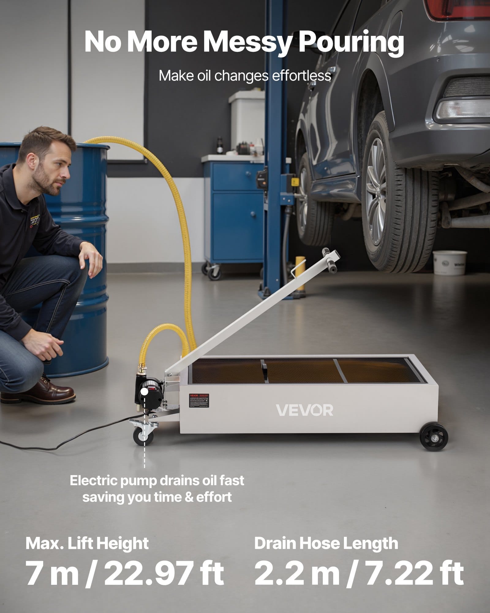 Low Profile Oil Drain Pan, 20 Gallon Capacity, Rolling Oil Drain Pan with Electric Pump, 7.2 ft Hose & T Folding Handle, Leak-proof & Corrosion-resistant, Fit for Cars, SUVs, Trucks, ATVs, White