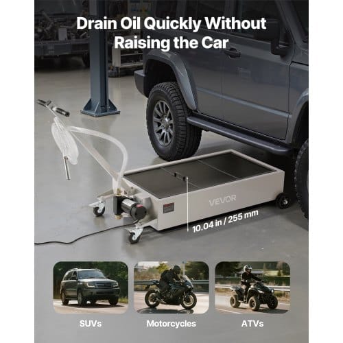 Low Profile Oil Drain Pan, 20 Gallon Capacity, Rolling Oil Drain Pan with Electric Pump, 7.2 ft Hose & T Folding Handle, Leak-proof & Corrosion-resistant, Fit for Cars, SUVs, Trucks, ATVs, White