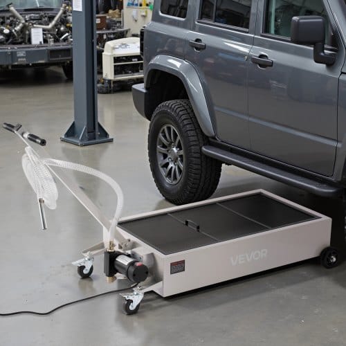 Low Profile Oil Drain Pan, 20 Gallon Capacity, Rolling Oil Drain Pan with Electric Pump, 7.2 ft Hose & T Folding Handle, Leak-proof & Corrosion-resistant, Fit for Cars, SUVs, Trucks, ATVs, White