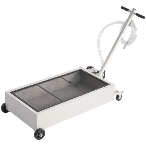 Low Profile Oil Drain Pan, 20 Gallon Capacity, Rolling Oil Drain Pan with Electric Pump, 7.2 ft Hose & T Folding Handle, Leak-proof & Corrosion-resistant, Fit for Cars, SUVs, Trucks, ATVs, White