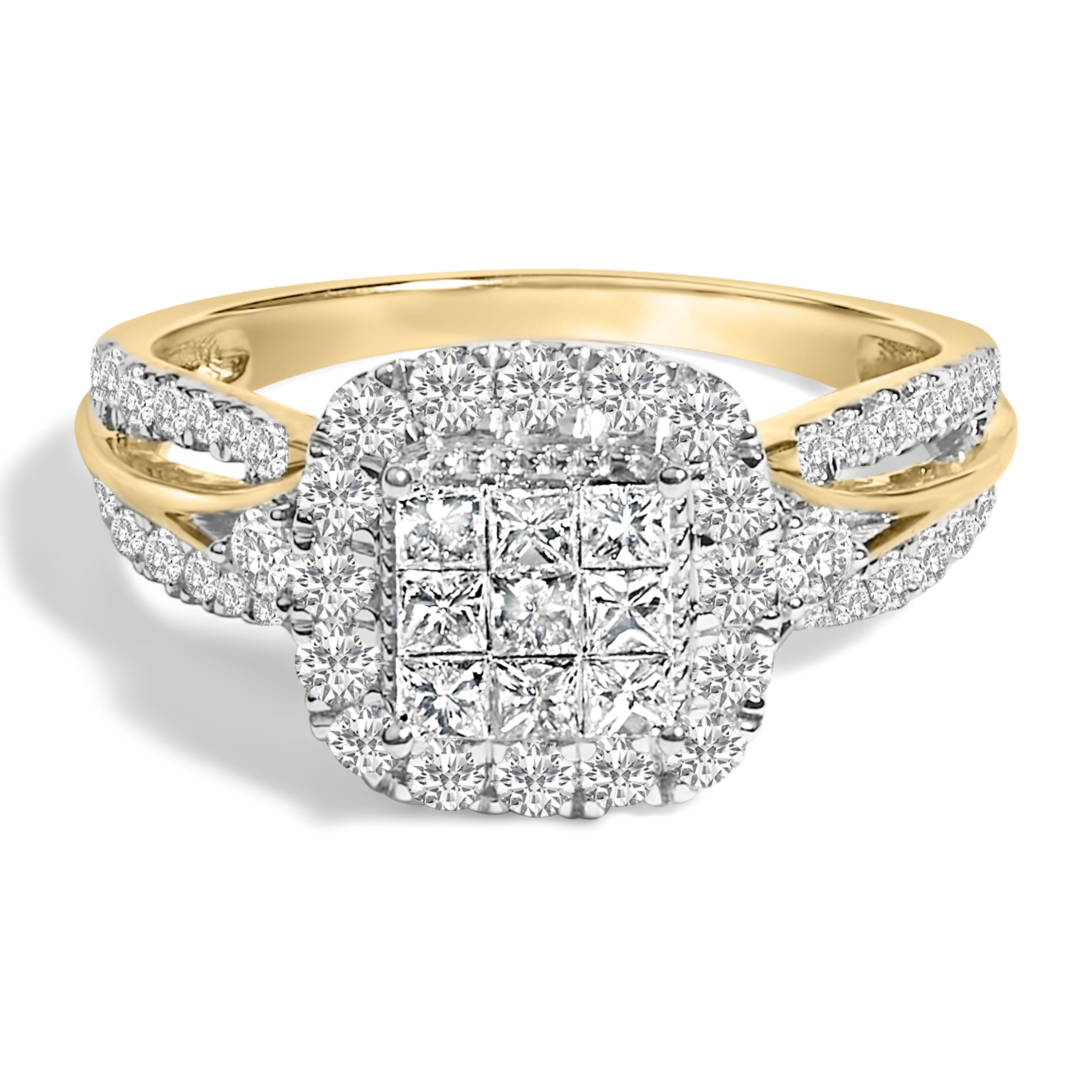 10K Yellow Gold 1.0 Cttw Diamond Composite Cushion-Shape Halo 3-Band-Look Engagement Ring (H-I Color, SI1-SI2 Clarity) - Size 7