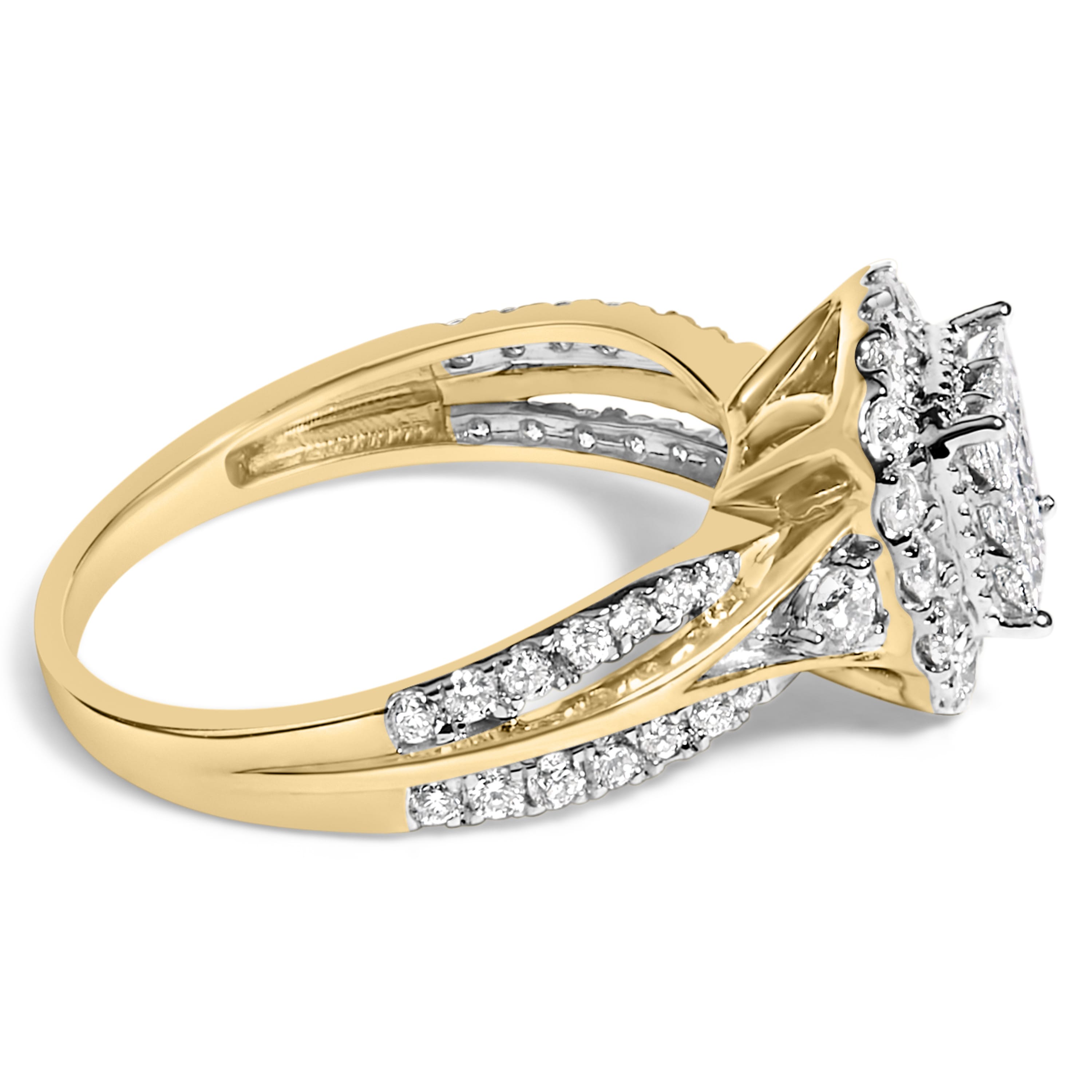 10K Yellow Gold 1.0 Cttw Diamond Composite Cushion-Shape Halo 3-Band-Look Engagement Ring (H-I Color, SI1-SI2 Clarity) - Size 7