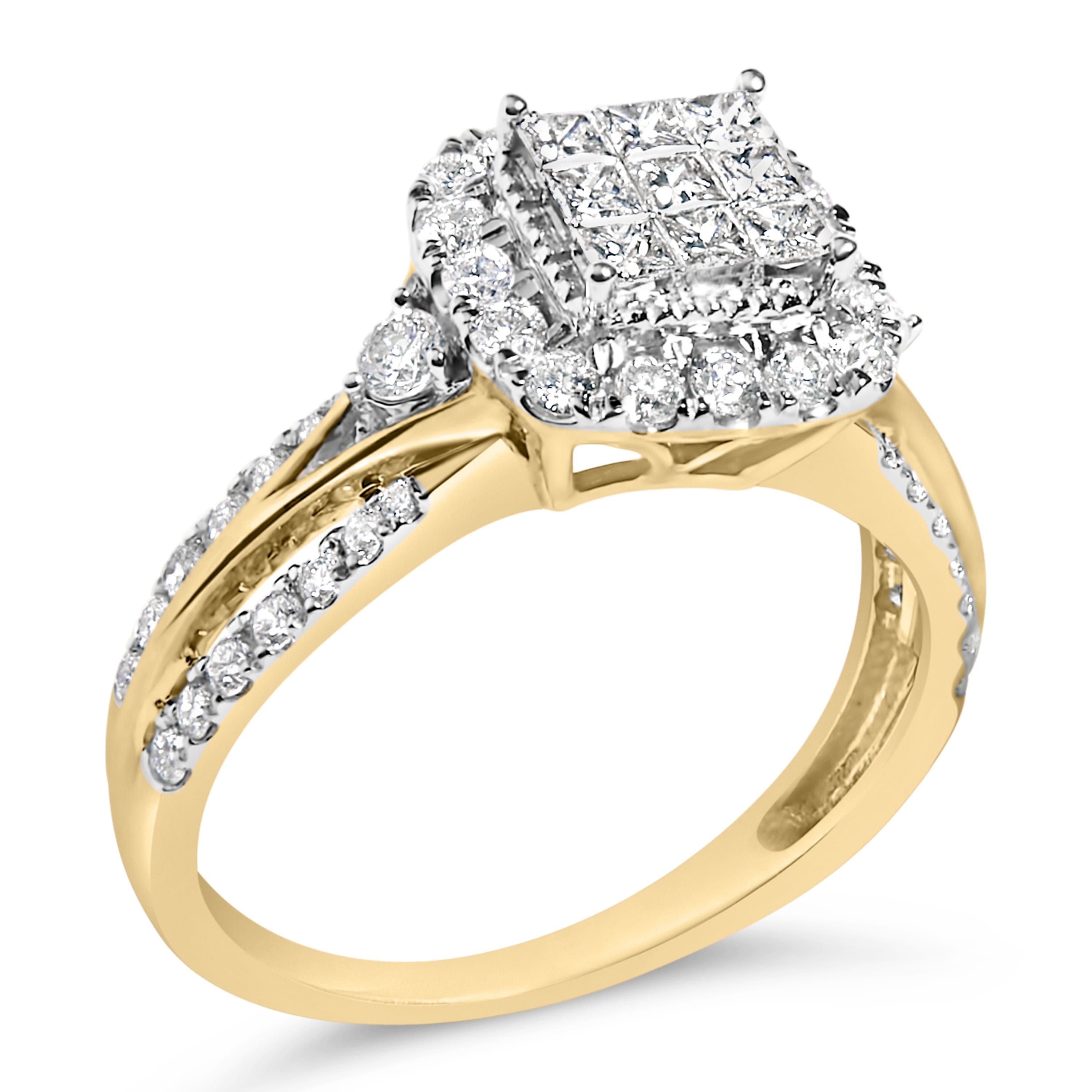 10K Yellow Gold 1.0 Cttw Diamond Composite Cushion-Shape Halo 3-Band-Look Engagement Ring (H-I Color, SI1-SI2 Clarity) - Size 7