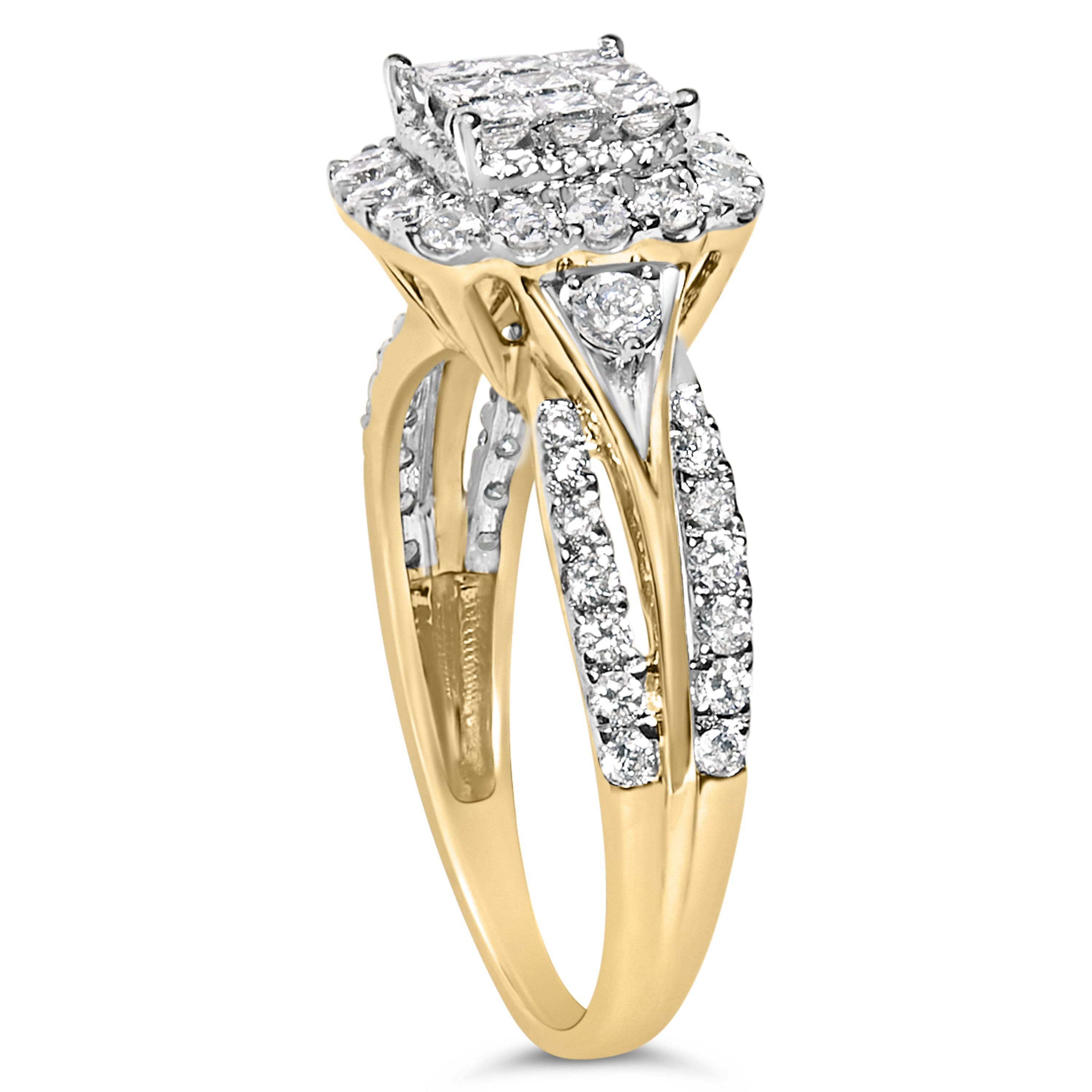 10K Yellow Gold 1.0 Cttw Diamond Composite Cushion-Shape Halo 3-Band-Look Engagement Ring (H-I Color, SI1-SI2 Clarity) - Size 7