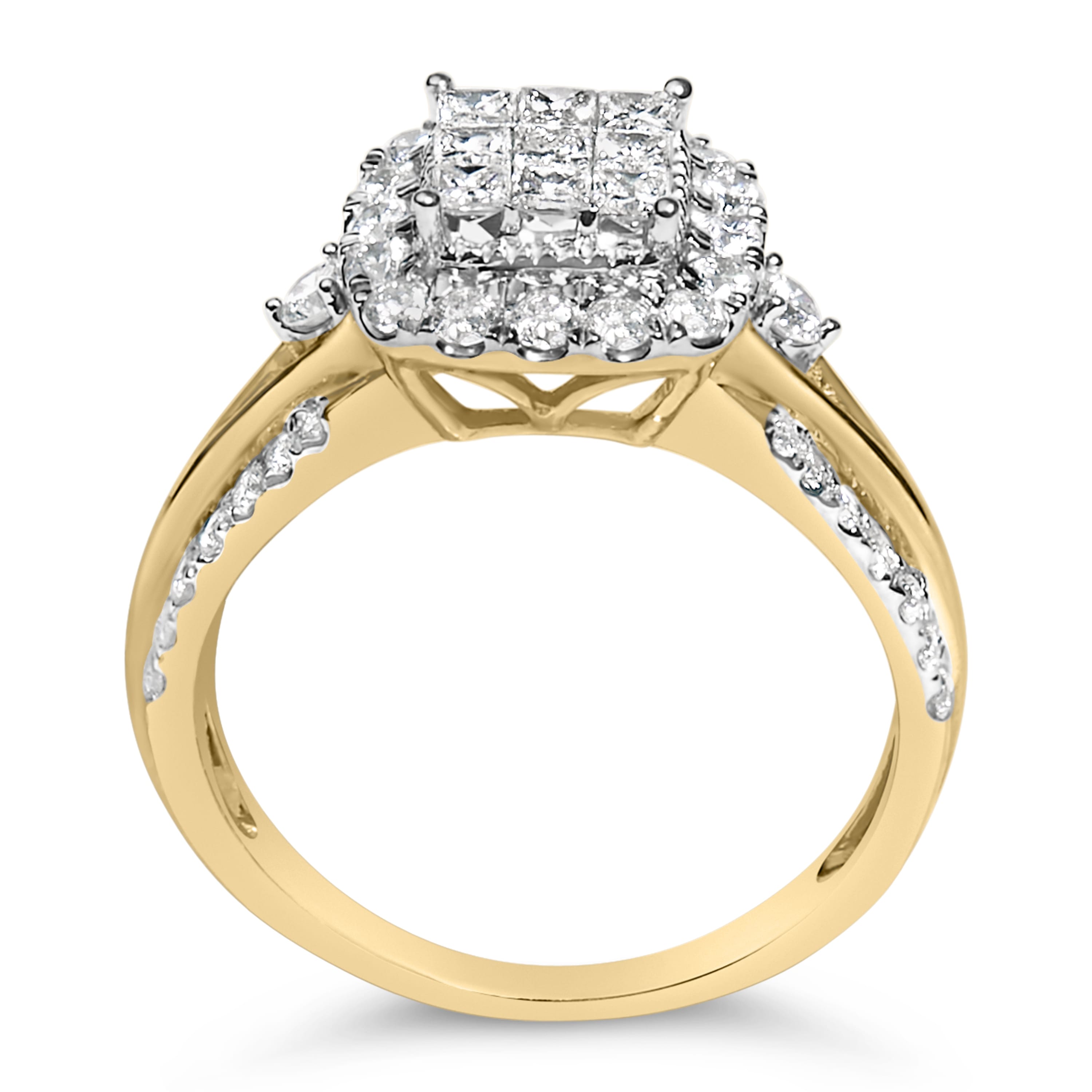 10K Yellow Gold 1.0 Cttw Diamond Composite Cushion-Shape Halo 3-Band-Look Engagement Ring (H-I Color, SI1-SI2 Clarity) - Size 7