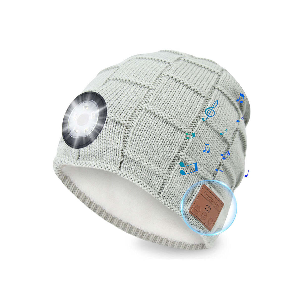 Color: WEAVED CHECX BEIGE - Bright Beanie Multi-functional Hat With LED Light And Bluetooth Headphones