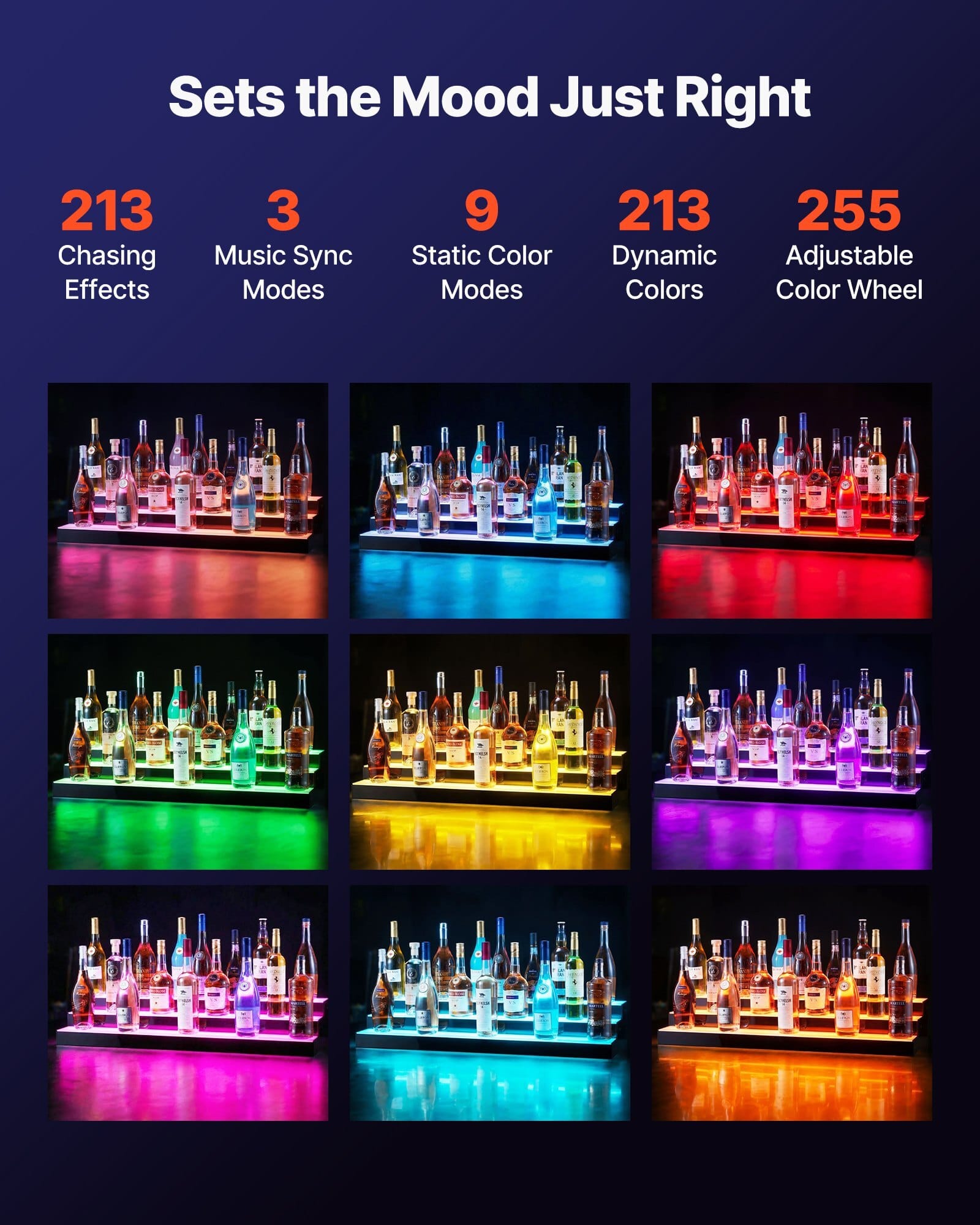 LED Lighted Liquor Bottle Display, 3 Tiers 40 inches, Acrylic Illuminated Home Bar Shelf Display with RF Remote & App Control, DIY Setup with Type-C Cables, 9 Static Colors, for 30-39 Bottles