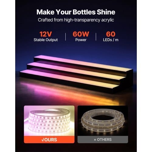 LED Lighted Liquor Bottle Display, 3 Tiers 40 inches, Acrylic Illuminated Home Bar Shelf Display with RF Remote & App Control, DIY Setup with Type-C Cables, 9 Static Colors, for 30-39 Bottles