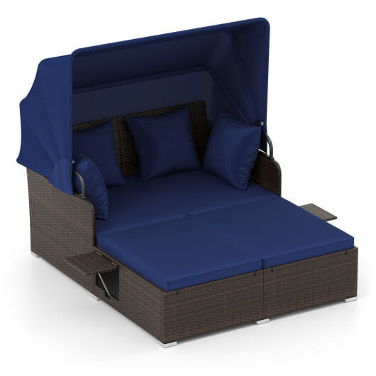Outdoor Patio Rattan Daybed with Retractable Canopy and Side Tables-Navy - Color: Navy