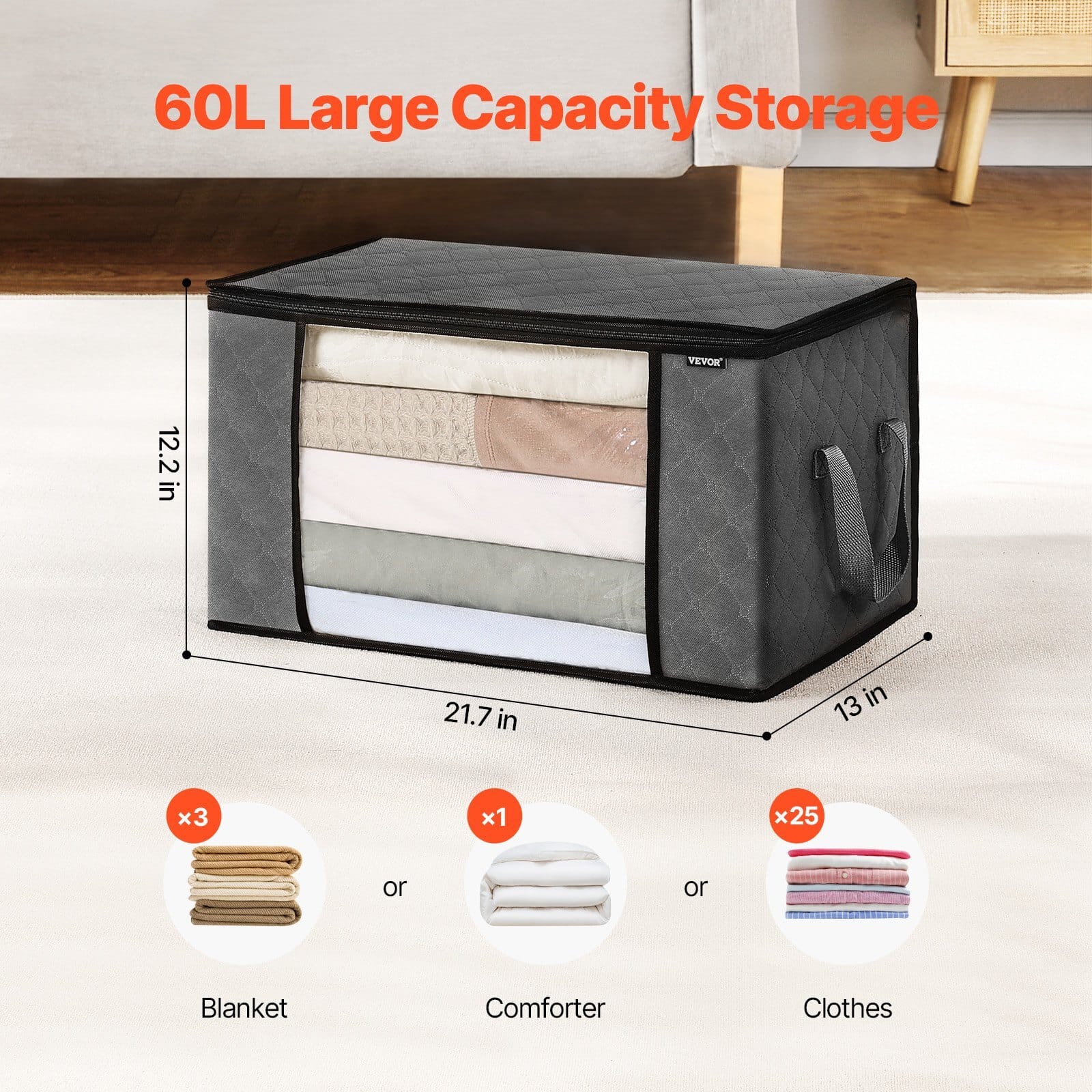 60L Large Storage Bags, 6 Pack Clothes Storage Bin, Foldable Closet Organizers Containers with Handle, Nov-woven Fabric Storage Bag for Clothing, Blanket, Comforter, Bed Sheet, Pillow(Grey)