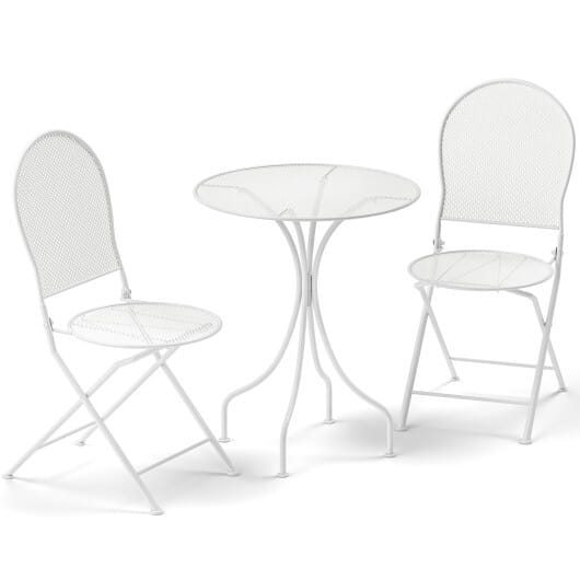 3 Piece Metal Bistro Patio Round Table and 2 Folding Chairs Set-White - Color: White