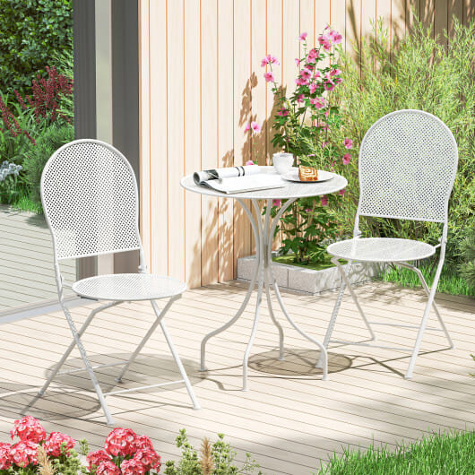 3 Piece Metal Bistro Patio Round Table and 2 Folding Chairs Set-White - Color: White