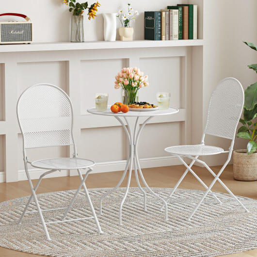 3 Piece Metal Bistro Patio Round Table and 2 Folding Chairs Set-White - Color: White