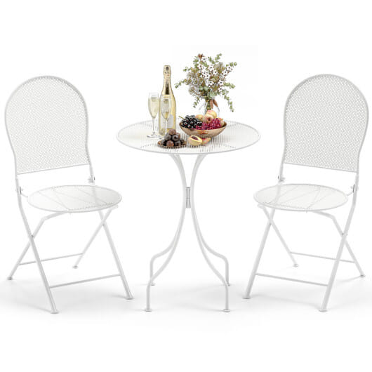 3 Piece Metal Bistro Patio Round Table and 2 Folding Chairs Set-White - Color: White