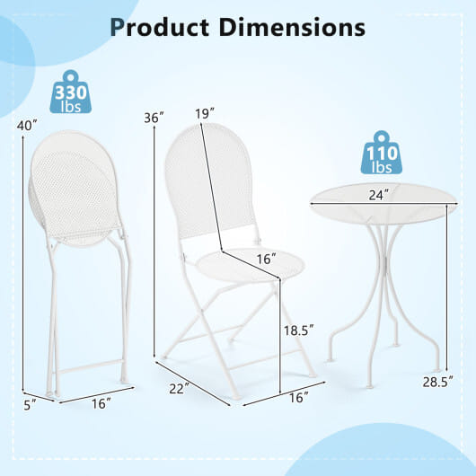3 Piece Metal Bistro Patio Round Table and 2 Folding Chairs Set-White - Color: White