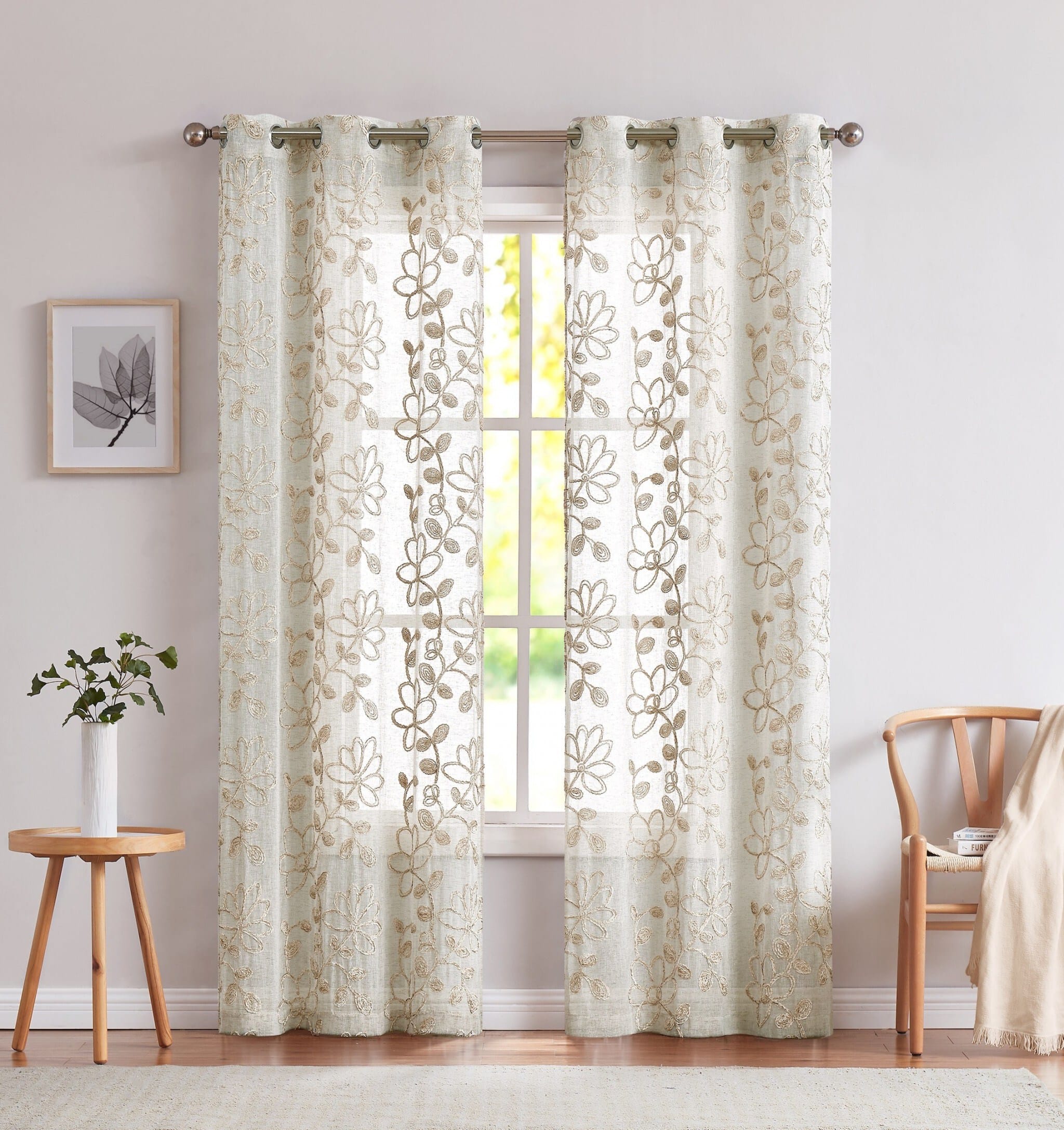 Set of Two 96" Tan Floral Embroidered Window Panels