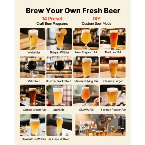 Automatic Home Beer Brewer, 3.43 Gal All-in-One Home Brew Machine, 1500W Power Electric Beer Maker Machine with Mash Boil Device, 304 Stainless Steel Inner Tank, Auto Temp & Pressure Control