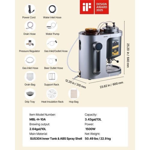 Automatic Home Beer Brewer, 3.43 Gal All-in-One Home Brew Machine, 1500W Power Electric Beer Maker Machine with Mash Boil Device, 304 Stainless Steel Inner Tank, Auto Temp & Pressure Control