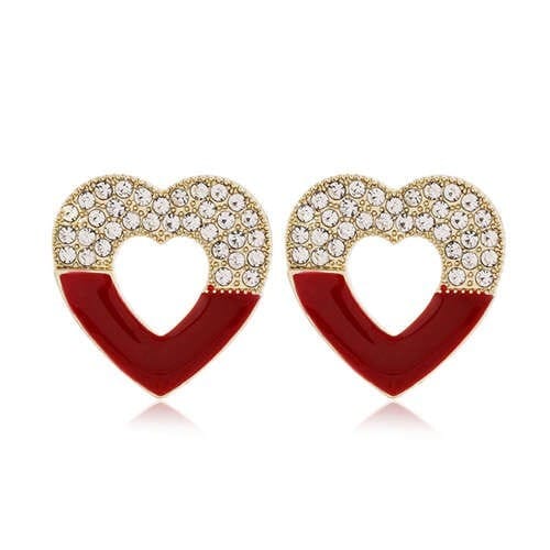 Rhinestone Embellished Hollow Heart Glistening Fashion Alloy Women Stud Earrings - Red