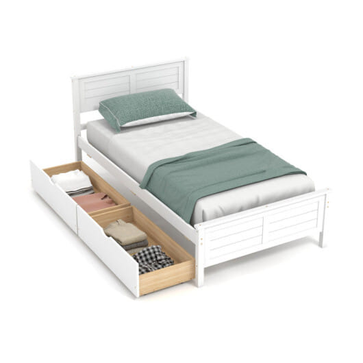 4-Piece Bedroom Furniture Set with Twin Size Bed Frame Entryway Bench Vanity Desk and Jewelry Armoire
