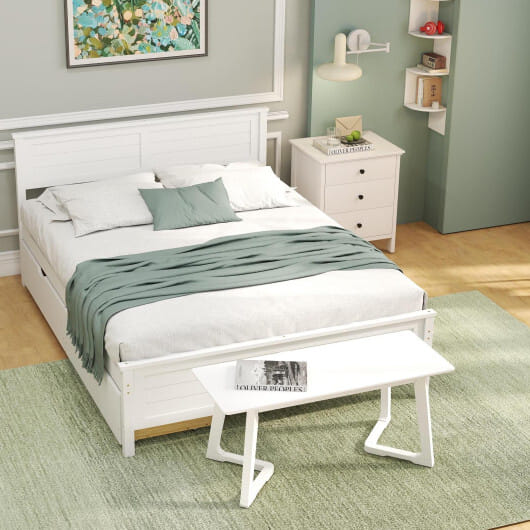 4-Piece Bedroom Furniture Set with Twin Size Bed Frame Entryway Bench Vanity Desk and Jewelry Armoire