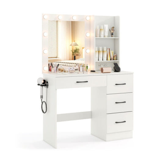 4-Piece Bedroom Furniture Set with Twin Size Bed Frame  Entryway Bench  Vanity Desk and Jewelry Armoire