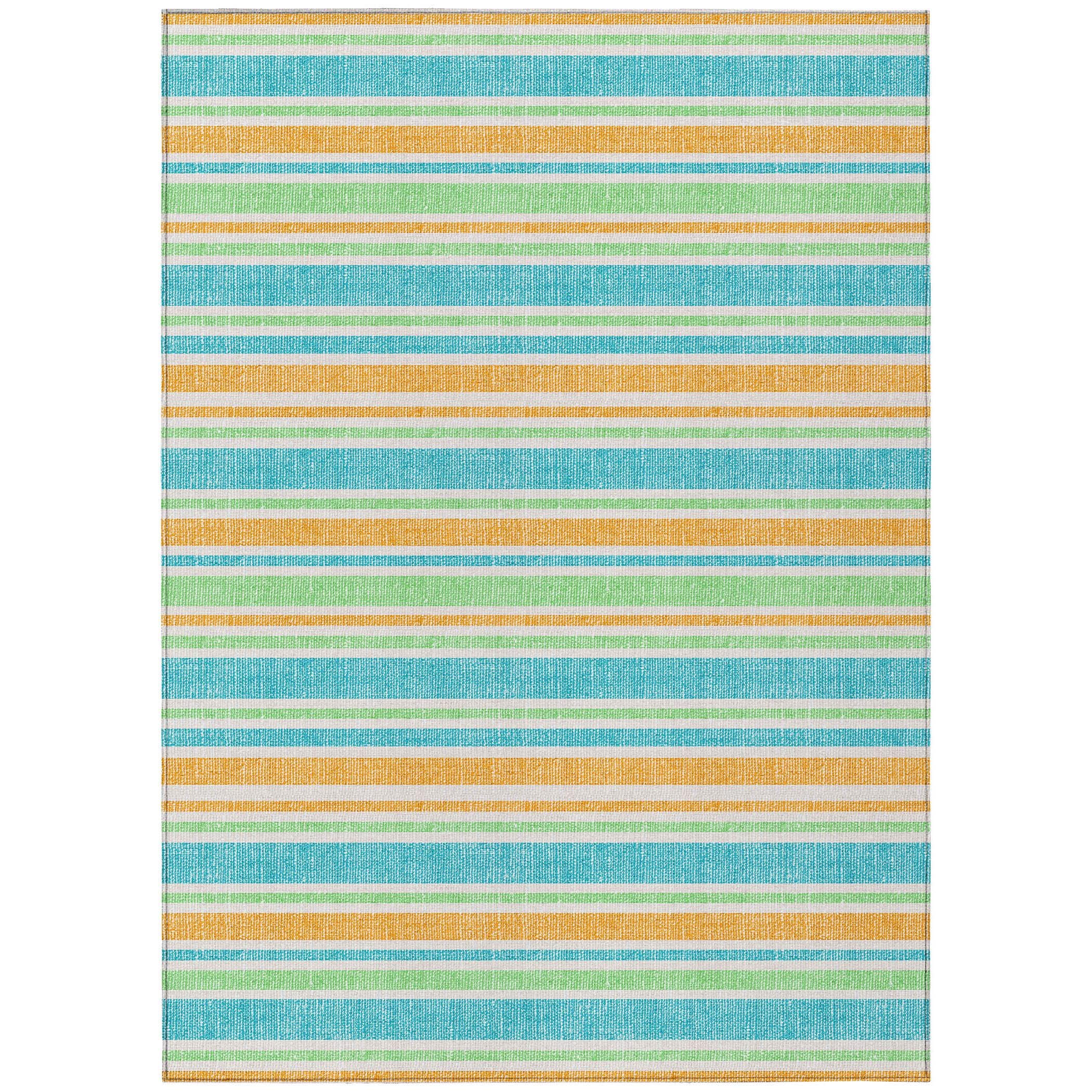 5' X 8' Teal Yellow and Green Striped Washable Non Skid Indoor Outdoor Area Rug