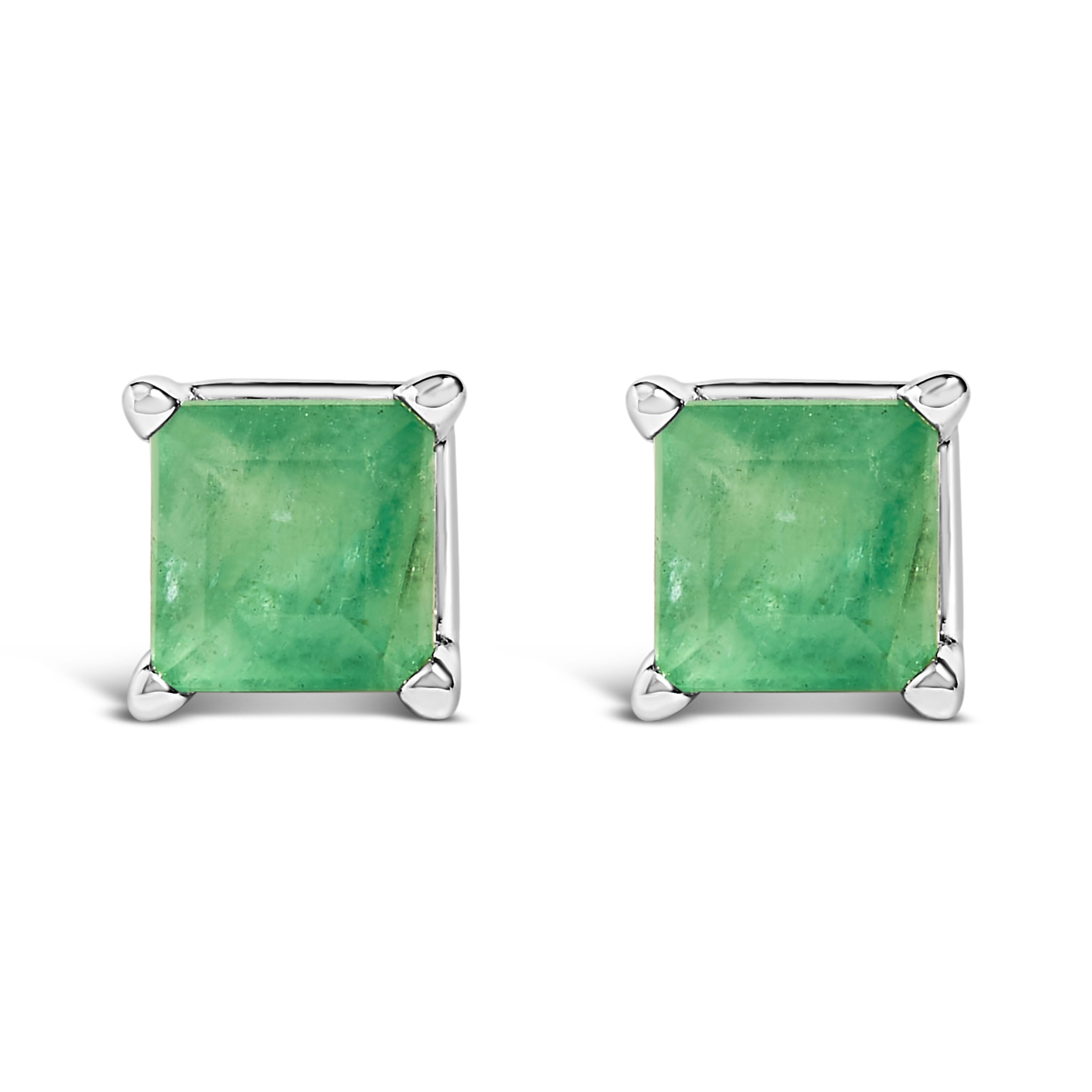 14K White Gold 5x5MM Princess Cut Green Emerald Solitaire Stud Earrings