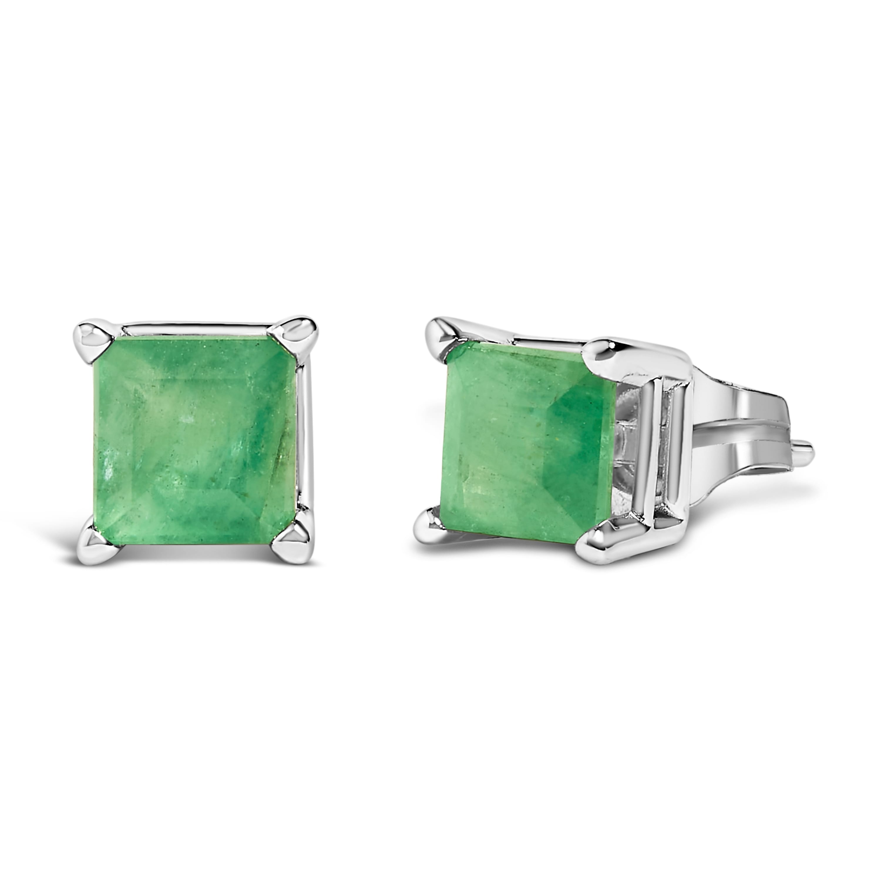 14K White Gold 5x5MM Princess Cut Green Emerald Solitaire Stud Earrings