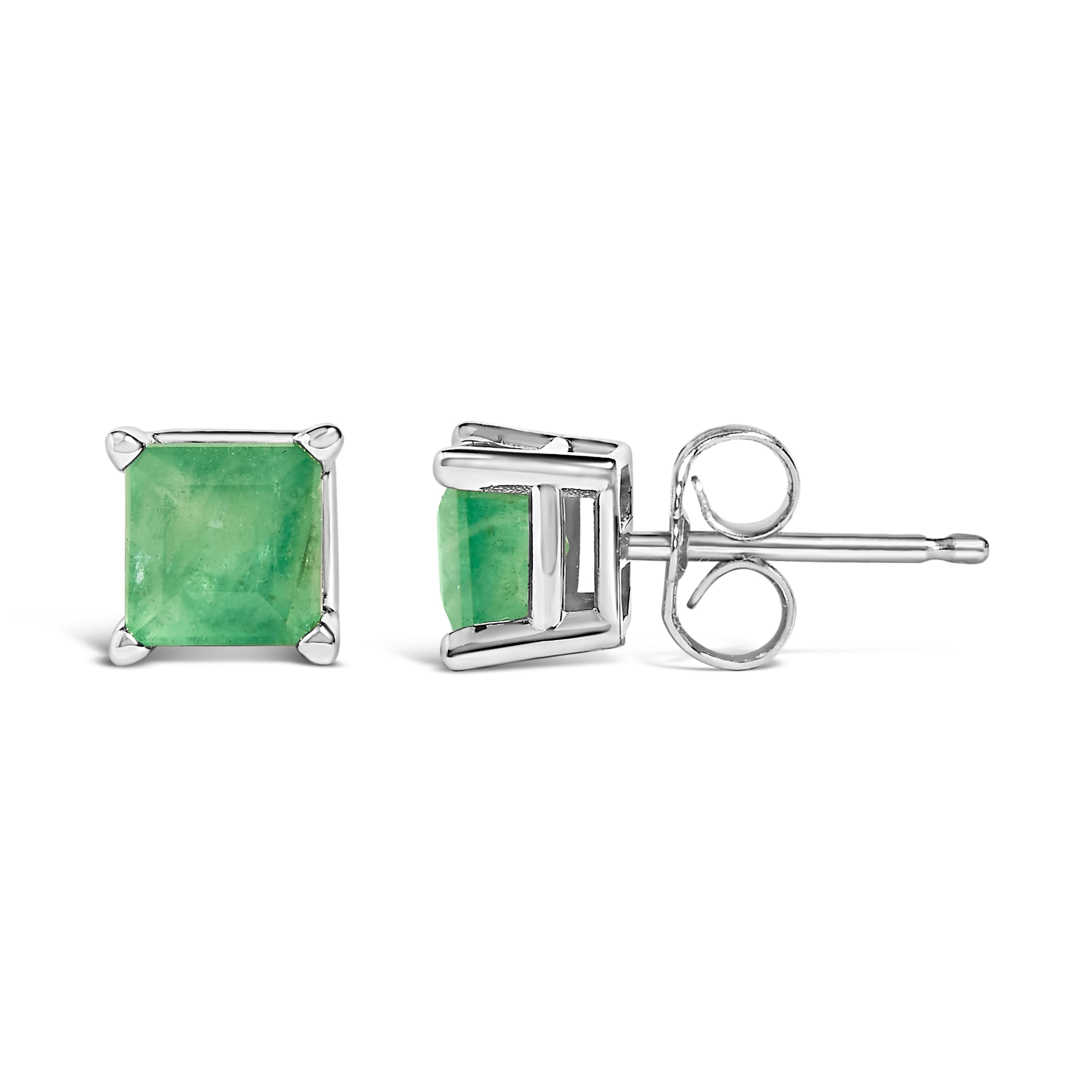 14K White Gold 5x5MM Princess Cut Green Emerald Solitaire Stud Earrings