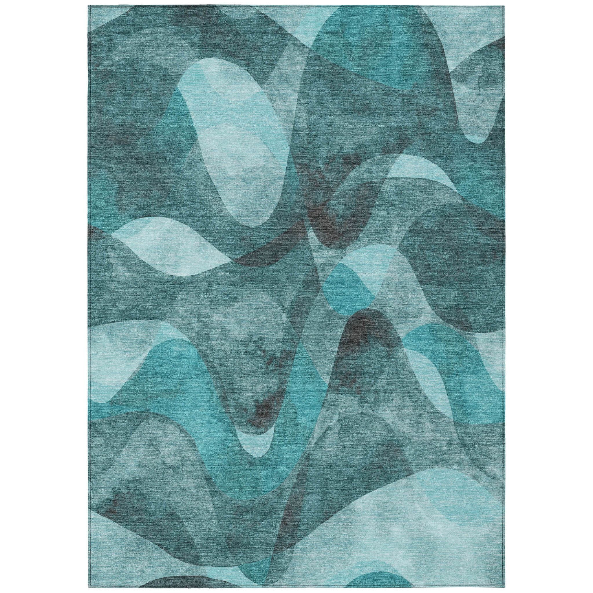 3' X 5' Teal Abstract Washable Non Skid Indoor Outdoor Area Rug