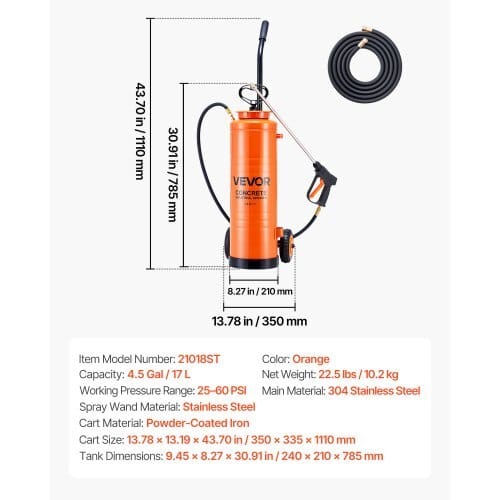 Industrial Sprayer, 4.5 Gallons Large Capacity, Stainless Steel Concrete Sprayer with Ergonomic Handle & Removable Cart, 48" & 120" Hose, Concrete Sealer Sprayers for Form Oils Construction