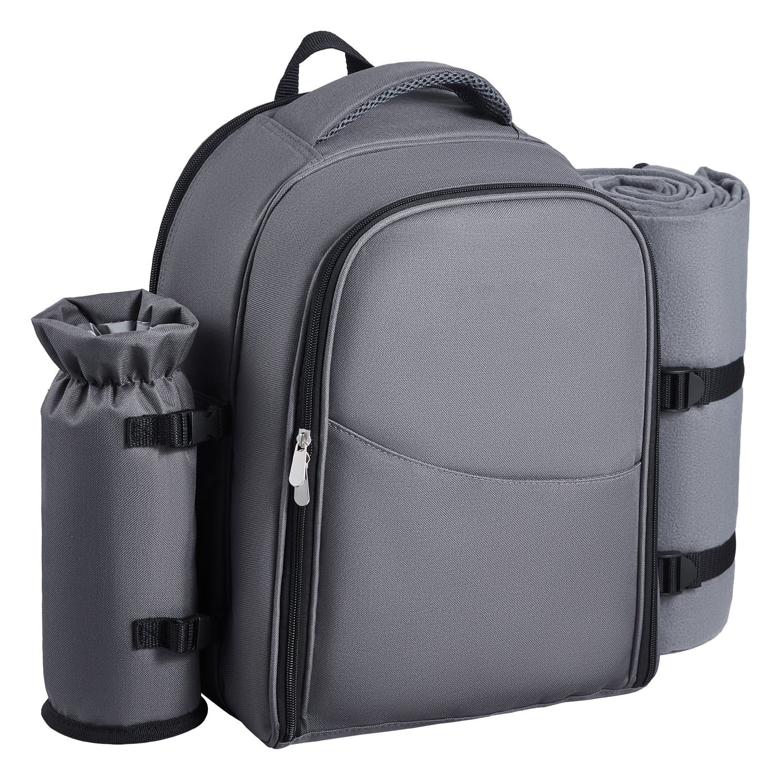Picnic Backpack, Beach Picnic Backpack Bag for 2 Person with Insulated Cooler Compartment, Detachable Bottle/Wine Holder, Lightweight Blanket, Plates and Cutlery Set for Hiking, Camping, Grey