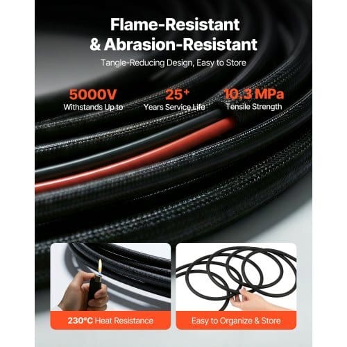 50FT Solar Panel Extension Cable, 10 AWG, Solar Panel Wire with Flame Retardant Protective Sleeving, Female and Male Connectors, IP67 Waterproof PV Wire, for Outdoor Automotive RV, Black & Red