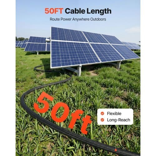 50FT Solar Panel Extension Cable, 10 AWG, Solar Panel Wire with Flame Retardant Protective Sleeving, Female and Male Connectors, IP67 Waterproof PV Wire, for Outdoor Automotive RV, Black & Red