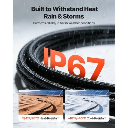 50FT Solar Panel Extension Cable, 10 AWG, Solar Panel Wire with Flame Retardant Protective Sleeving, Female and Male Connectors, IP67 Waterproof PV Wire, for Outdoor Automotive RV, Black & Red