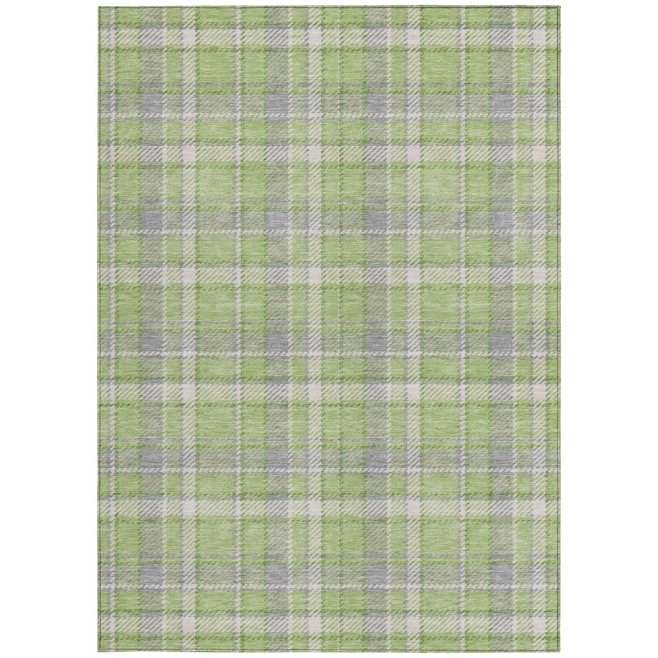 8' X 10' Green and Gray Plaid Washable Non Skid Indoor Outdoor Area Rug