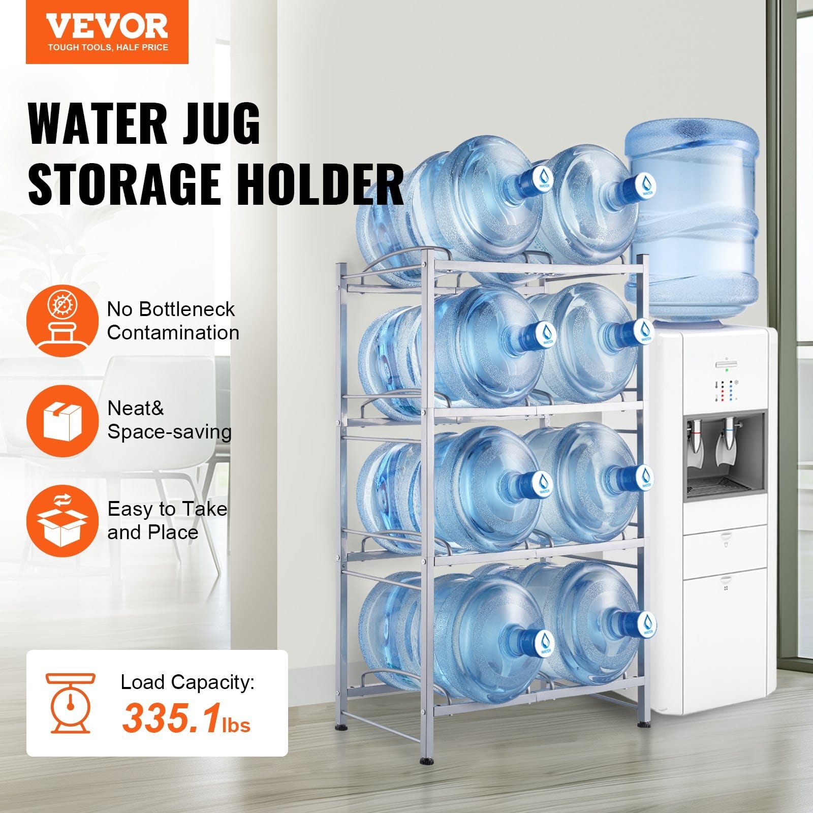 4 Tiers Water Jug Holder, 5 Gallon Water Bottle Holder, Double Row Water Bottle Rack for 8 Bottles, Heavy Duty Water Jug Rack for Kitchen, Office, Living Room, Silver